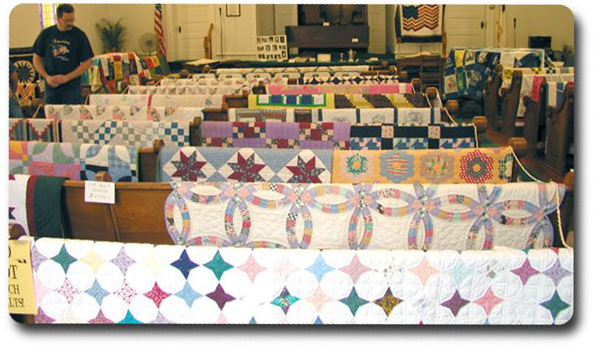 Quilts on display in the sanctuary of Hodgenville Christian Church.